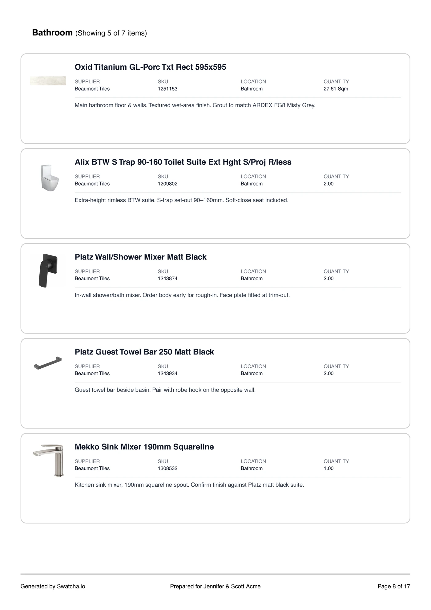 Branded selection-schedule PDF — product page listing supplier, SKU, location and quantity