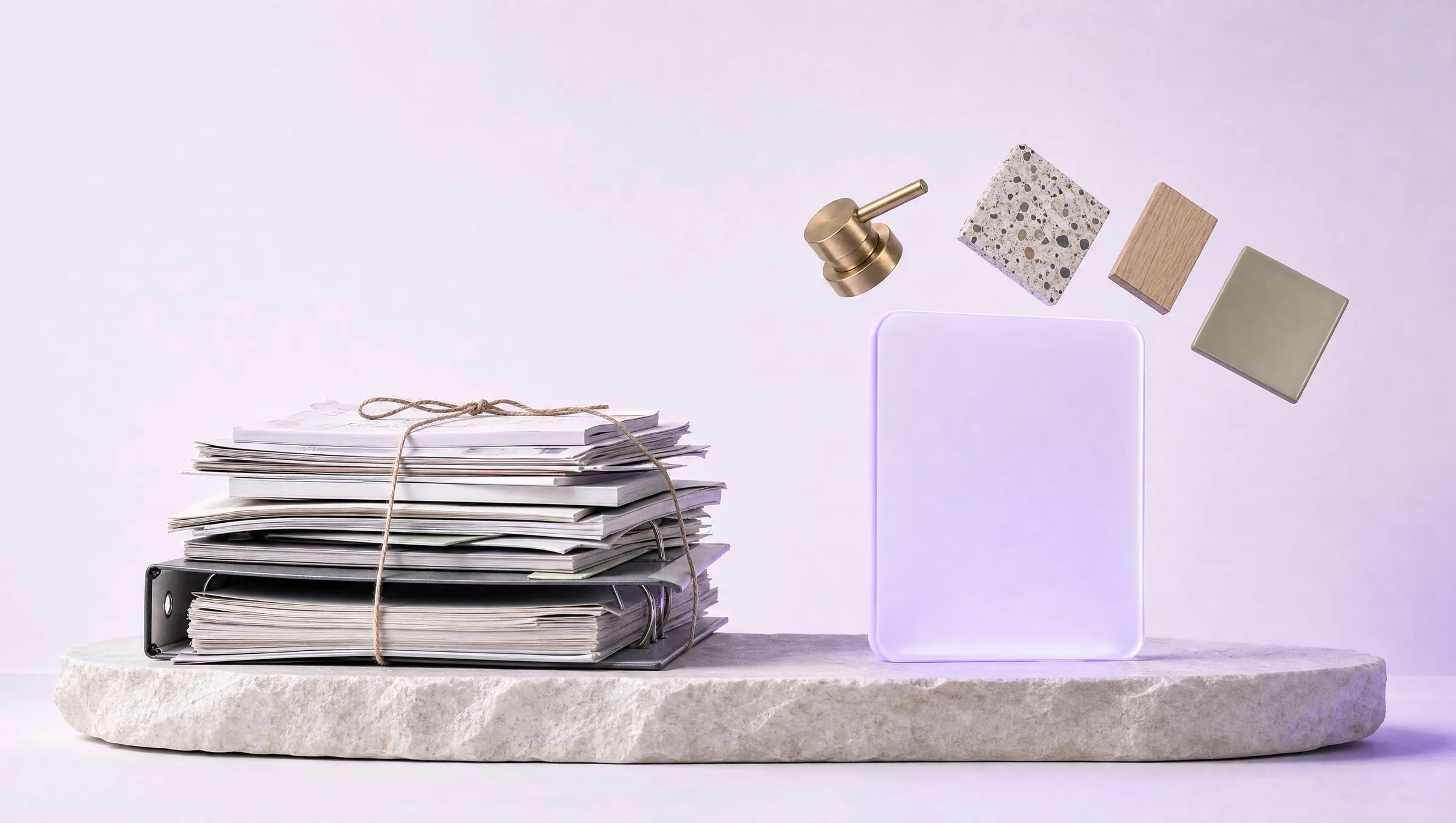 A heavy stack of tied paper manuals and a binder beside a single glowing slab of frosted glass, with material samples floating into it
